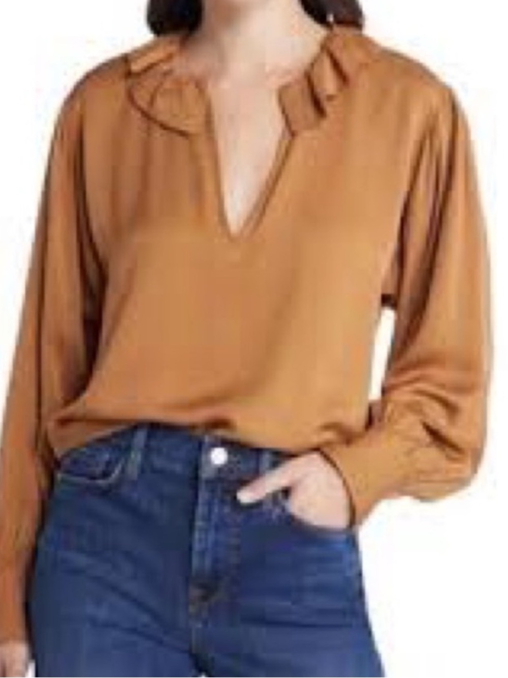 FRAME Silk Chiffon Ruffle V Neck Long Sleeve Blouse in Camel